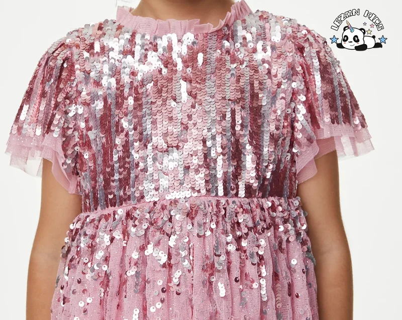 LEZONKIDS - Customizable Style Customization Gradient Color Sequin O Neck Elegant Small Girls Sequin Dresses